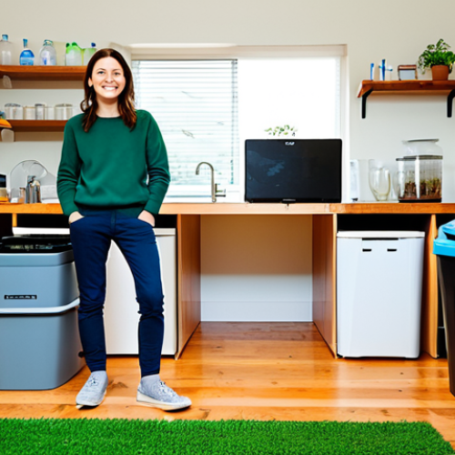 Home 11 Home Sustainability Lab**
A person in their fully clothed, modest attire is in their home, surrounded by examples of sustainable living: LED lights, a composting bin, a rainwater collection barrel. The home is bright and airy, showcasing the modern sustainable design. Perfect anatomy, correct proportions, natural pose, professional photography, safe for work, appropriate content, family-friendly.
**
