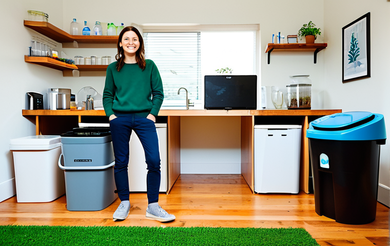 Home Sustainability Lab**
A person in their fully clothed, modest attire is in their home, surrounded by examples of sustainable living: LED lights, a composting bin, a rainwater collection barrel. The home is bright and airy, showcasing the modern sustainable design. Perfect anatomy, correct proportions, natural pose, professional photography, safe for work, appropriate content, family-friendly.
**