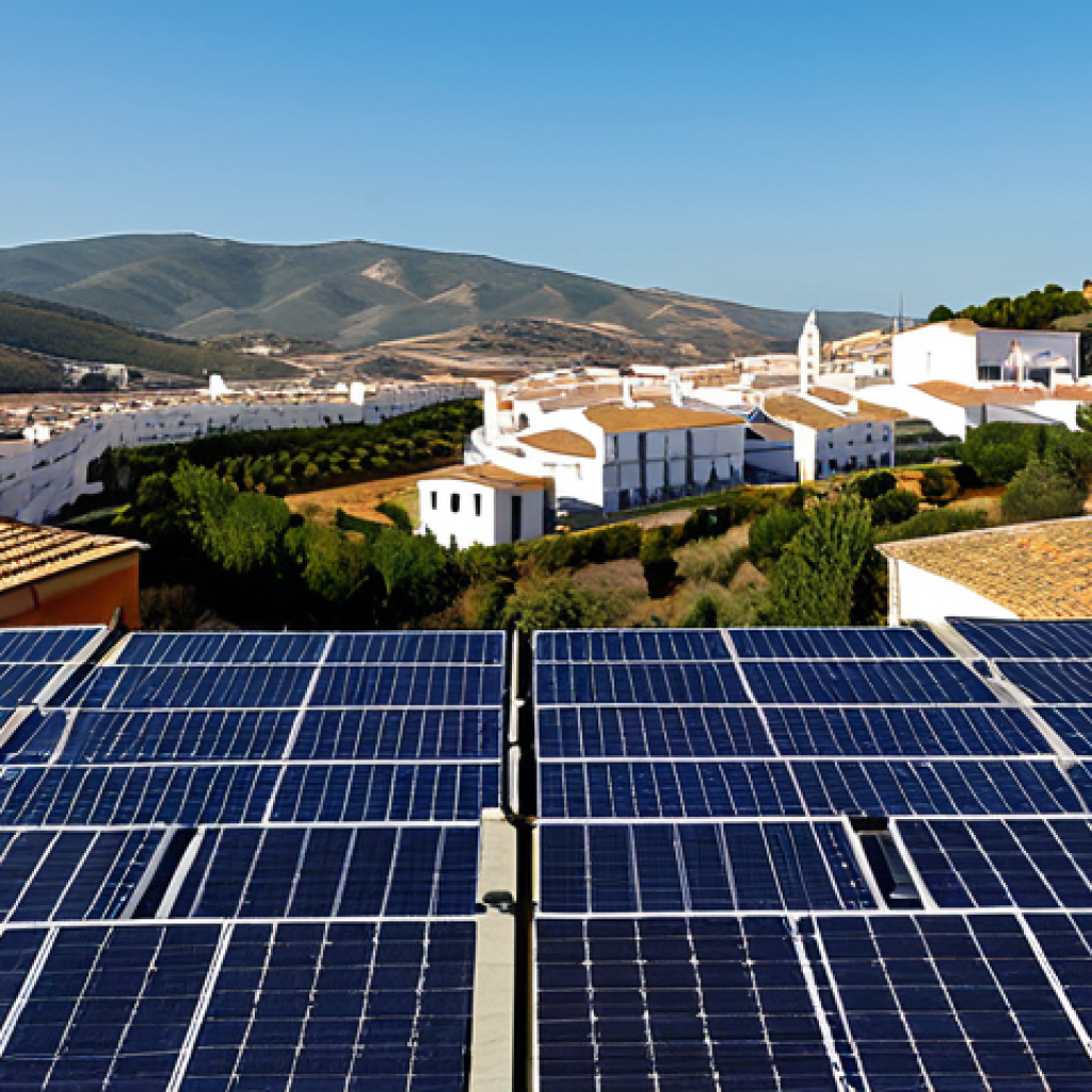 Community Solar Cooperative in Andalusia**
"A vibrant scene showcasing a community solar energy cooperative in Andalusia, Spain. Depict rooftops adorned with solar panels, reflecting the warm Spanish sunlight. In the foreground, fully clothed members of the cooperative are gathered, discussing the project with smiles. Emphasize the cooperative spirit and the tangible benefits of renewable energy. Background includes traditional Andalusian architecture. safe for work, appropriate content, fully clothed, professional, perfect anatomy, natural proportions, high quality."
**
