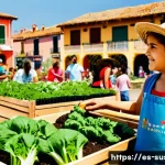 지속가능성 이론 문제 해설 - **Prompt:** A vibrant, diverse Spanish community garden, bustling with activity under the warm, gold...