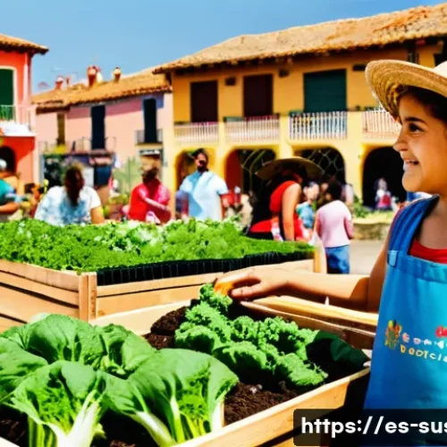 지속가능성 이론 문제 해설 - **Prompt:** A vibrant, diverse Spanish community garden, bustling with activity under the warm, gold...