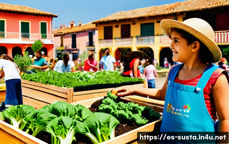 지속가능성 이론 문제 해설 - **Prompt:** A vibrant, diverse Spanish community garden, bustling with activity under the warm, gold...