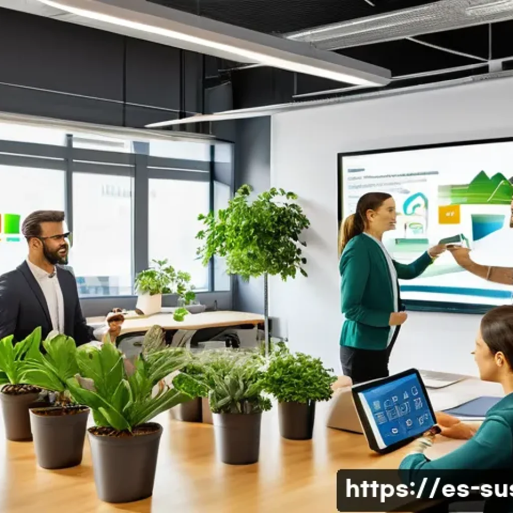 지속가능성 인증 절차 및 과정 - A modern small to medium-sized Spanish company office environment focused on sustainability initiati...