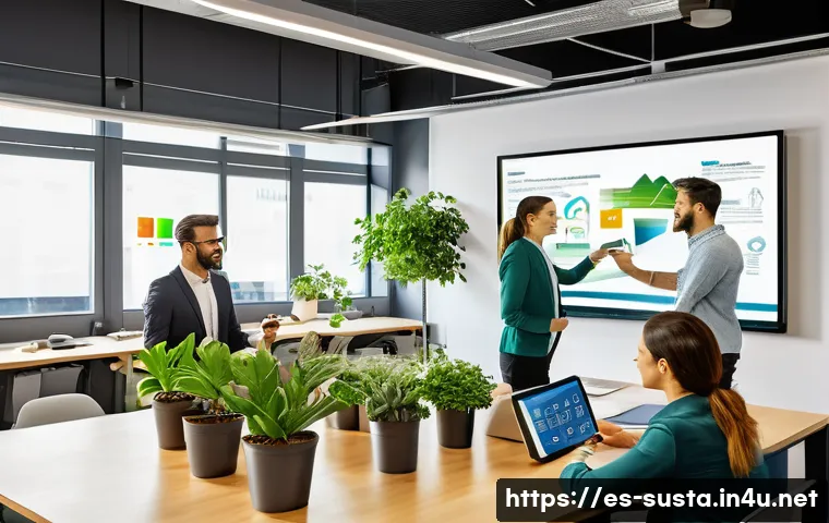 지속가능성 인증 절차 및 과정 - A modern small to medium-sized Spanish company office environment focused on sustainability initiati...