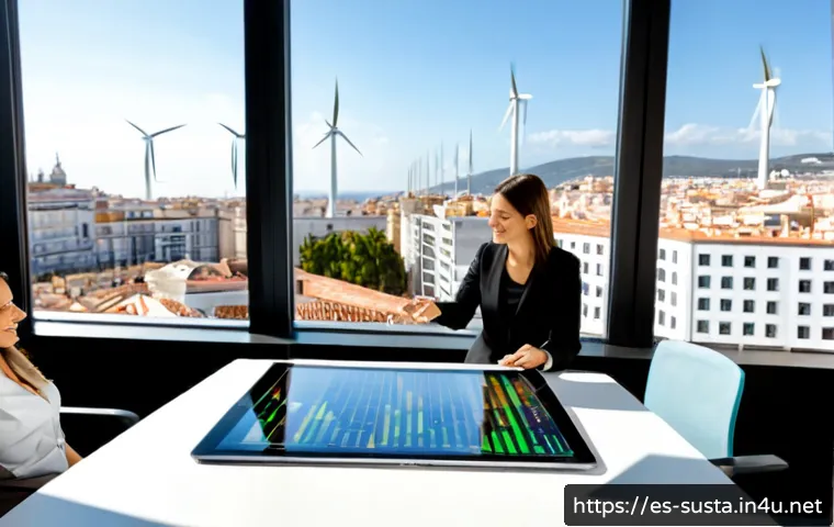 지속가능성 컨설팅 시장 전망 - Photorealistic sustainability consulting team in a bright modern office in Madrid, diverse Spanish b...